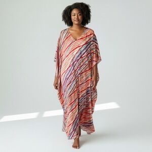 Ashro Free Size Caftan Maxi Dress Red Blue Gold Diagonal Stripe V-Neck Batwing